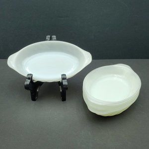 Anchor Hocking Fire King White Milk Glass Au Gratin Dishes Oval Swirl Casseroles